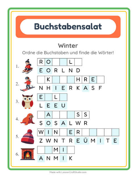 Vorschau: Buchstabensalat-Arbeitsblatt mit Winter für 1. Klasse