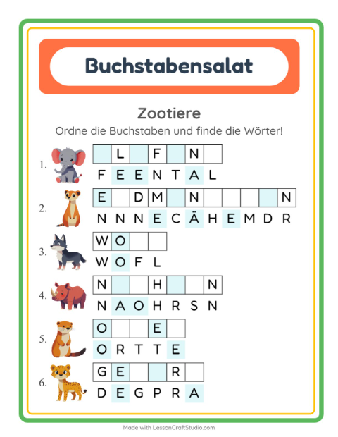 Vorschau: Buchstabensalat-Arbeitsblatt mit Zootiere für 1. Klasse