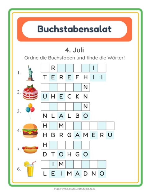 Vorschau: Buchstabensalat-Arbeitsblatt mit 4. Juli für 1. Klasse