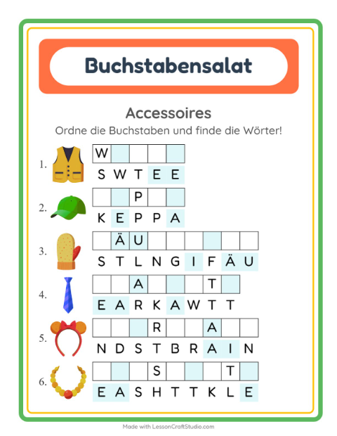 Vorschau: Buchstabensalat-Arbeitsblatt mit Accessoires für 1. Klasse