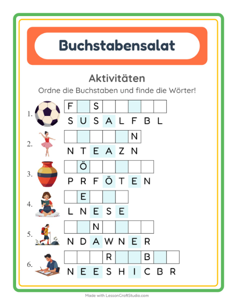 Vorschau: Buchstabensalat-Arbeitsblatt mit Aktivitäten für 1. Klasse