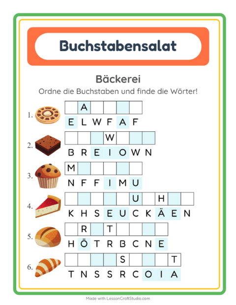 Vorschau: Buchstabensalat-Arbeitsblatt mit Bäckerei für 1. Klasse