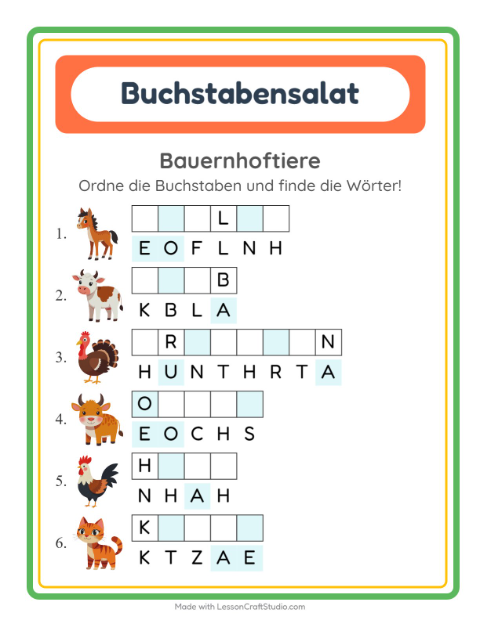 Vorschau: Buchstabensalat-Arbeitsblatt mit Bauernhoftiere für 1. Klasse