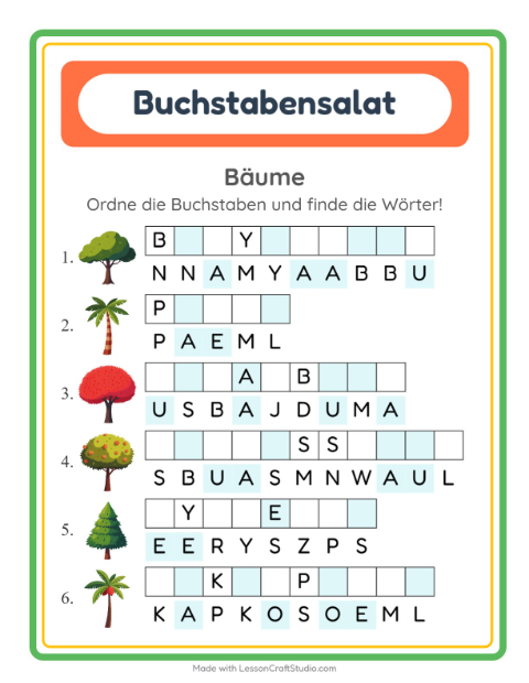 Vorschau: Buchstabensalat-Arbeitsblatt mit Bäume für 1. Klasse