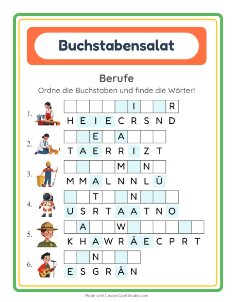 Vorschau: Buchstabensalat-Arbeitsblatt mit Berufe für 1. Klasse