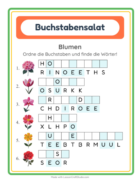 Vorschau: Buchstabensalat-Arbeitsblatt mit Blumen für 1. Klasse