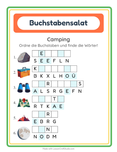Vorschau: Buchstabensalat-Arbeitsblatt mit Camping für 1. Klasse