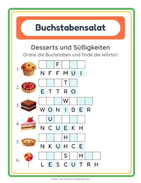 Vorschau: Buchstabensalat-Arbeitsblatt mit Desserts und Süßigkeiten für 1. Klasse