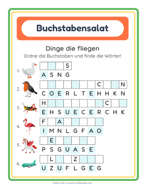 Vorschau: Buchstabensalat-Arbeitsblatt mit Dinge die fliegen für 1. Klasse