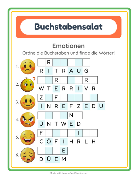 Vorschau: Buchstabensalat-Arbeitsblatt mit Emotionen für 1. Klasse