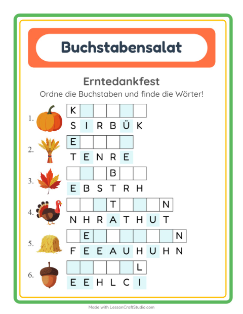 Vorschau: Buchstabensalat-Arbeitsblatt mit Erntedankfest für 1. Klasse