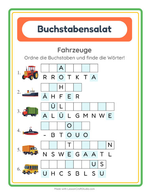 Vorschau: Buchstabensalat-Arbeitsblatt mit Fahrzeuge für 1. Klasse