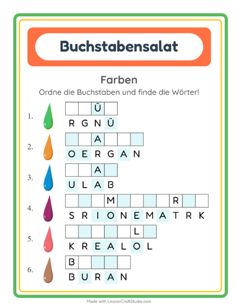 Vorschau: Buchstabensalat-Arbeitsblatt mit Farben für 1. Klasse