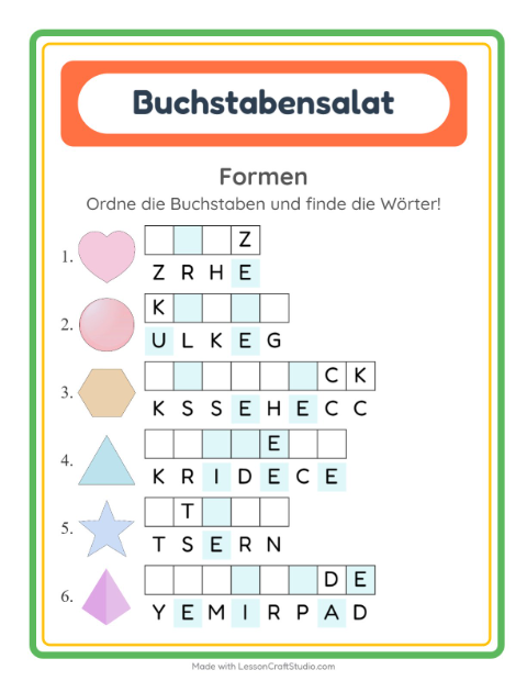 Vorschau: Buchstabensalat-Arbeitsblatt mit Formen für 1. Klasse