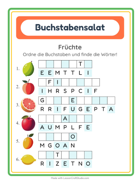 Vorschau: Buchstabensalat-Arbeitsblatt mit Früchte für 1. Klasse