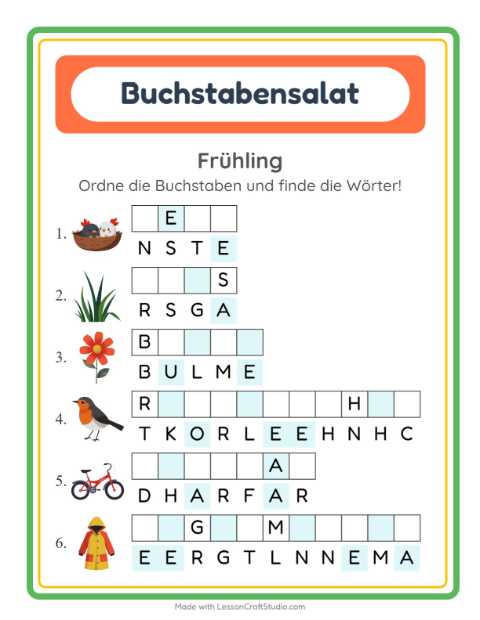 Vorschau: Buchstabensalat-Arbeitsblatt mit Frühling für 1. Klasse