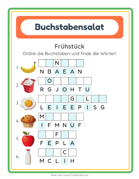 Vorschau: Buchstabensalat-Arbeitsblatt mit Frühstück für 1. Klasse
