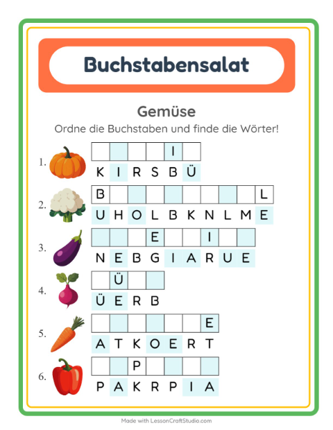 Vorschau: Buchstabensalat-Arbeitsblatt mit Gemüse für 1. Klasse