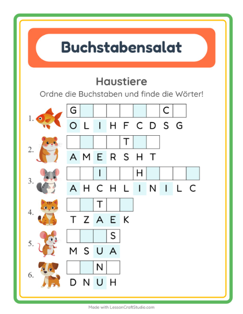 Vorschau: Buchstabensalat-Arbeitsblatt mit Haustiere für 1. Klasse