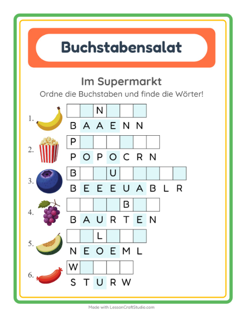 Vorschau: Buchstabensalat-Arbeitsblatt mit Im Supermarkt für 1. Klasse