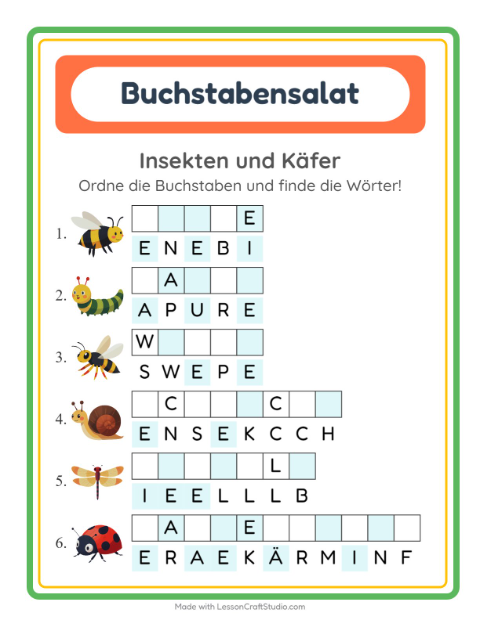 Vorschau: Buchstabensalat-Arbeitsblatt mit Insekten und Käfer für 1. Klasse