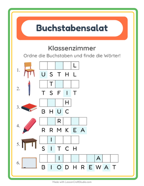 Vorschau: Buchstabensalat-Arbeitsblatt mit Klassenzimmer für 1. Klasse