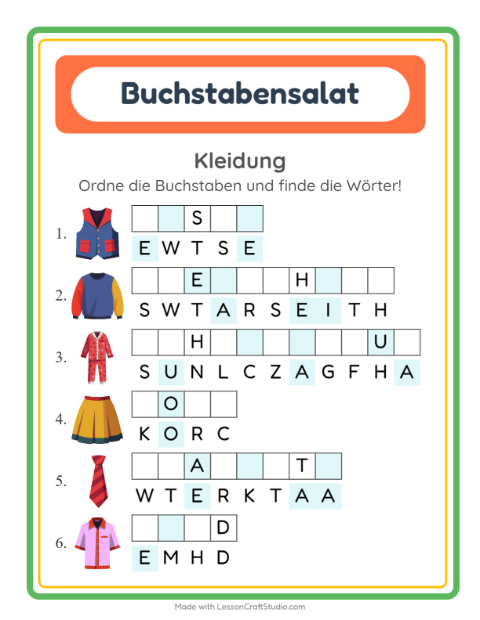 Vorschau: Buchstabensalat-Arbeitsblatt mit Kleidung für 1. Klasse