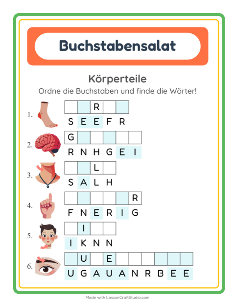 Vorschau: Buchstabensalat-Arbeitsblatt mit Körperteile für 1. Klasse