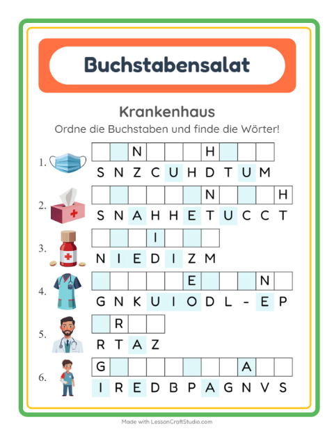 Vorschau: Buchstabensalat-Arbeitsblatt mit Krankenhaus für 1. Klasse