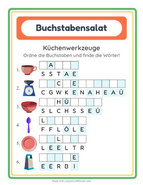Vorschau: Buchstabensalat-Arbeitsblatt mit Küchenwerkzeuge für 1. Klasse