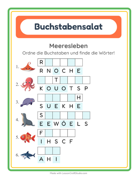 Vorschau: Buchstabensalat-Arbeitsblatt mit Meeresleben für 1. Klasse