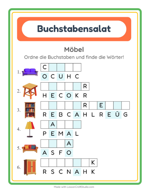 Vorschau: Buchstabensalat-Arbeitsblatt mit Möbel für 1. Klasse