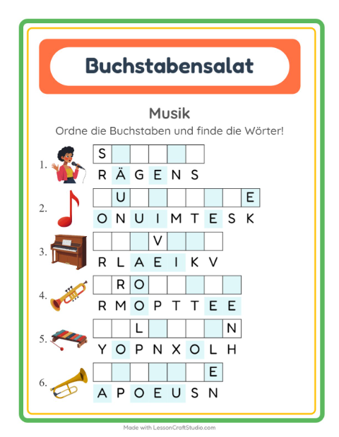 Vorschau: Buchstabensalat-Arbeitsblatt mit Musik für 1. Klasse