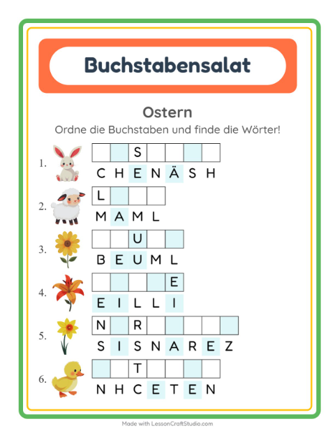Vorschau: Buchstabensalat-Arbeitsblatt mit Ostern für 1. Klasse
