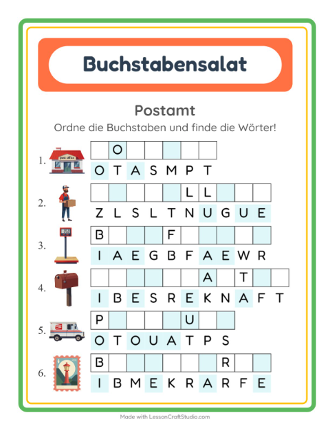 Vorschau: Buchstabensalat-Arbeitsblatt mit Postamt für 1. Klasse