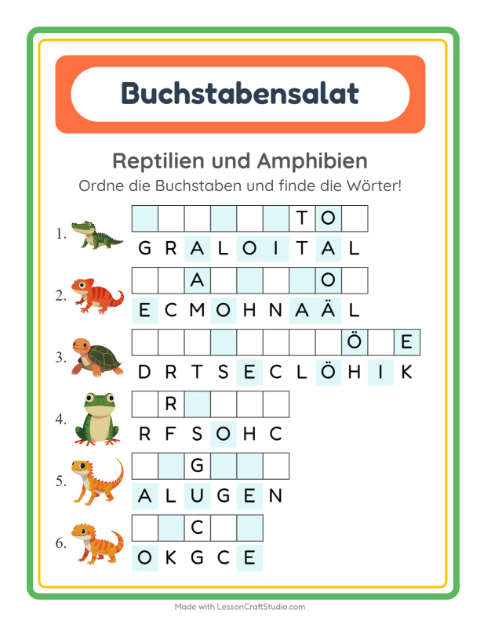 Vorschau: Buchstabensalat-Arbeitsblatt mit Reptilien und Amphibien für 1. Klasse
