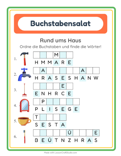 Vorschau: Buchstabensalat-Arbeitsblatt mit Rund ums Haus für 1. Klasse