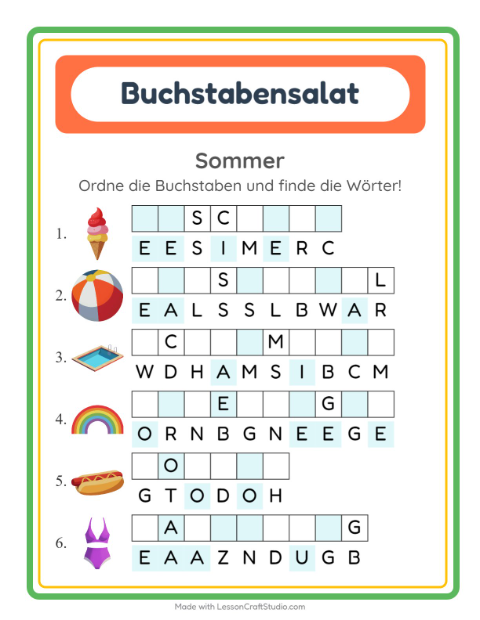 Vorschau: Buchstabensalat-Arbeitsblatt mit Sommer für 1. Klasse