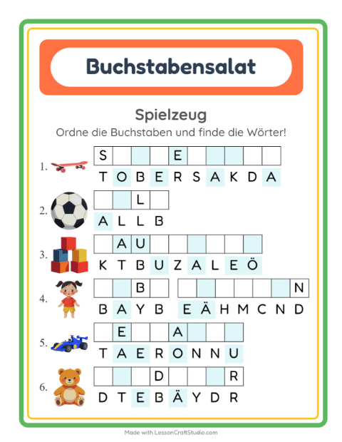 Vorschau: Buchstabensalat-Arbeitsblatt mit Spielzeug für 1. Klasse