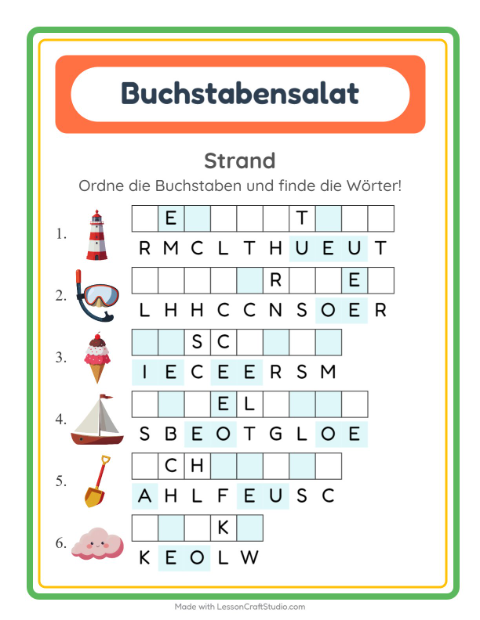 Vorschau: Buchstabensalat-Arbeitsblatt mit Strand für 1. Klasse