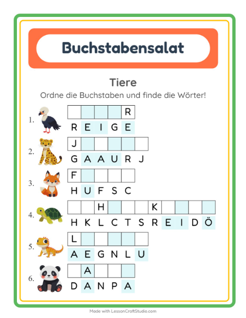 Vorschau: Buchstabensalat-Arbeitsblatt mit Tiere für 1. Klasse