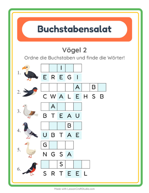 Vorschau: Buchstabensalat-Arbeitsblatt mit Vögel 2 für 1. Klasse