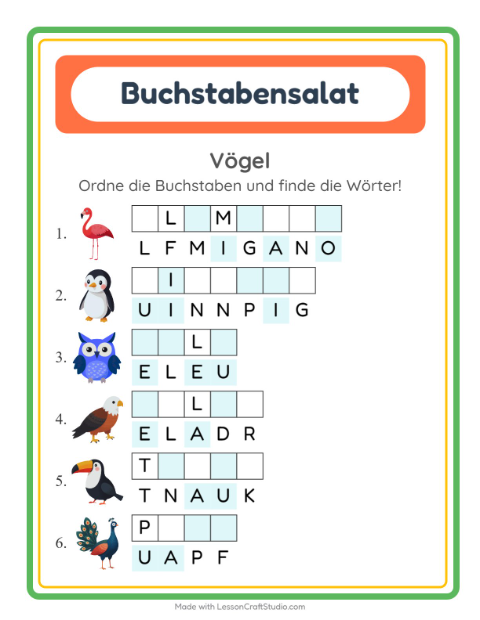 Vorschau: Buchstabensalat-Arbeitsblatt mit Vögel für 1. Klasse
