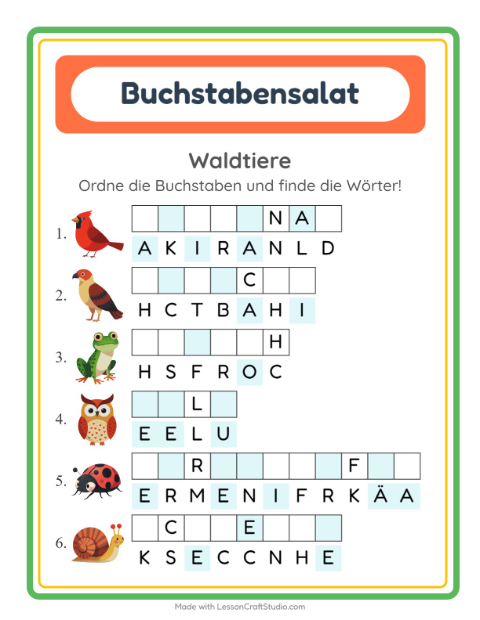 Vorschau: Buchstabensalat-Arbeitsblatt mit Waldtiere für 1. Klasse