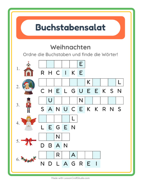 Vorschau: Buchstabensalat-Arbeitsblatt mit Weihnachten für 1. Klasse