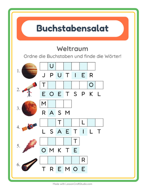 Vorschau: Buchstabensalat-Arbeitsblatt mit Weltraum für 1. Klasse