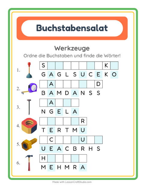 Vorschau: Buchstabensalat-Arbeitsblatt mit Werkzeuge für 1. Klasse