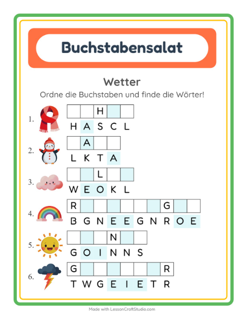 Vorschau: Buchstabensalat-Arbeitsblatt mit Wetter für 1. Klasse