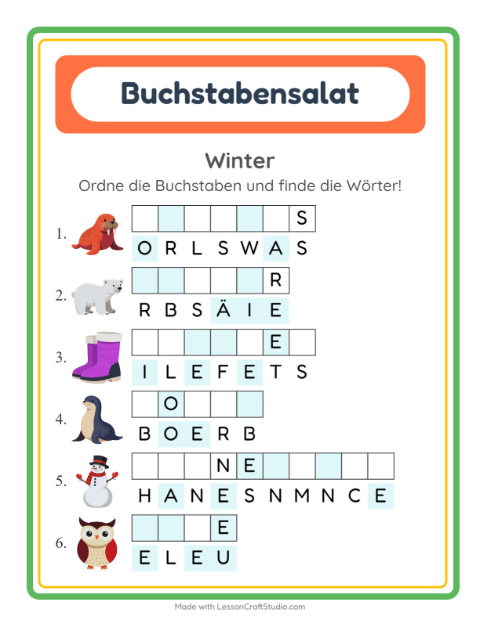 Vorschau: Buchstabensalat-Arbeitsblatt mit Winter für 1. Klasse