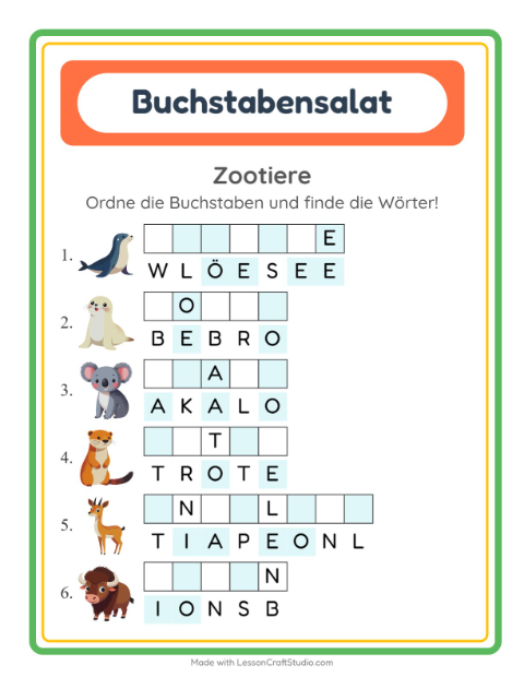 Vorschau: Buchstabensalat-Arbeitsblatt mit Zootiere für 1. Klasse
